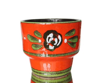 Small Orange Ceramic Planter with Floral Decor - Cachepot - Flower Pot