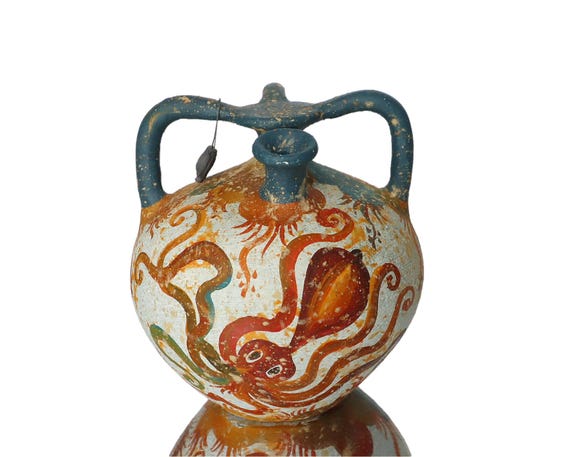 古代メキシコ産　土器　 水亀　水差し　縦縞模様 博物館のレプリカ - タコの装飾が施された古代ギリシャの陶器の水差し