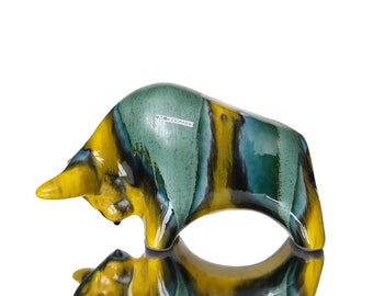 Ceramic Bull Figurine in Orange & Green - Retro Design