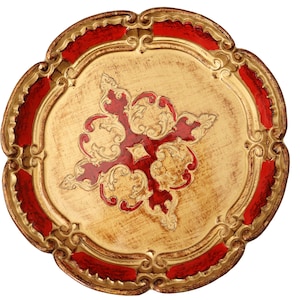Round Wooden Florentine Tray in Red & Gold