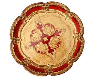 Round Wooden Florentine Tray in Red & Gold