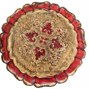 Round Wooden Florentine Tray in Red & Gold