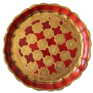Round Wooden Florentine Tray in Red & Gold
