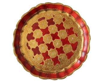 Round Wooden Florentine Tray in Red & Gold