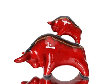 1x Ceramic Bull Figurine in Red & Metallic Grey - OTTO KERAMIK