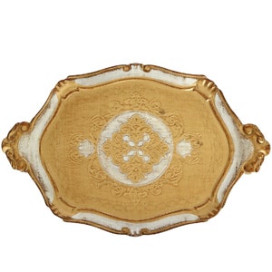 Italian Wooden Florentine Tray with Gold Decor & Handles