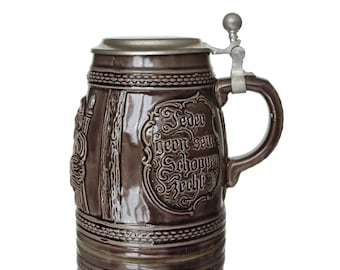 MARCI & REMY Beer Stein - Tankard with Pewter Lid - German Bavarian Lidded Stoneware, Vintage