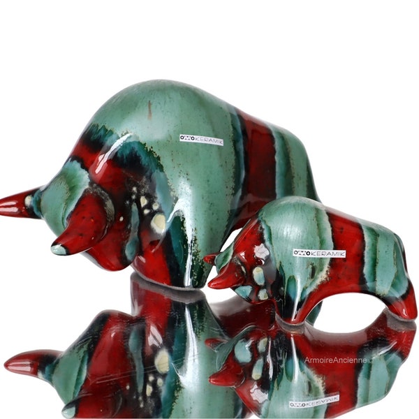 1x Figura de toro de cerámica en rojo y verde - OTTO KERAMIK
