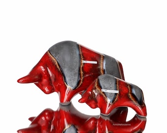 1x Ceramic Bull Figurine in Red & Metallic Grey - OTTO KERAMIK