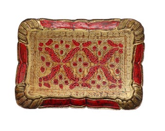 Small Italian Plastic Florentine Tray - Rectangular Gold & Red Vanity Tray