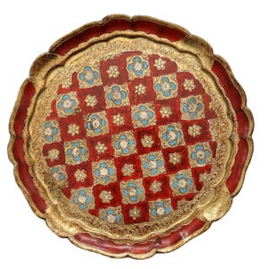 Round Wooden Florentine Tray in Red & Gold- Italy