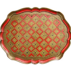 Large Plastic Florentine Tray in Gold & Red - Vanity Tray