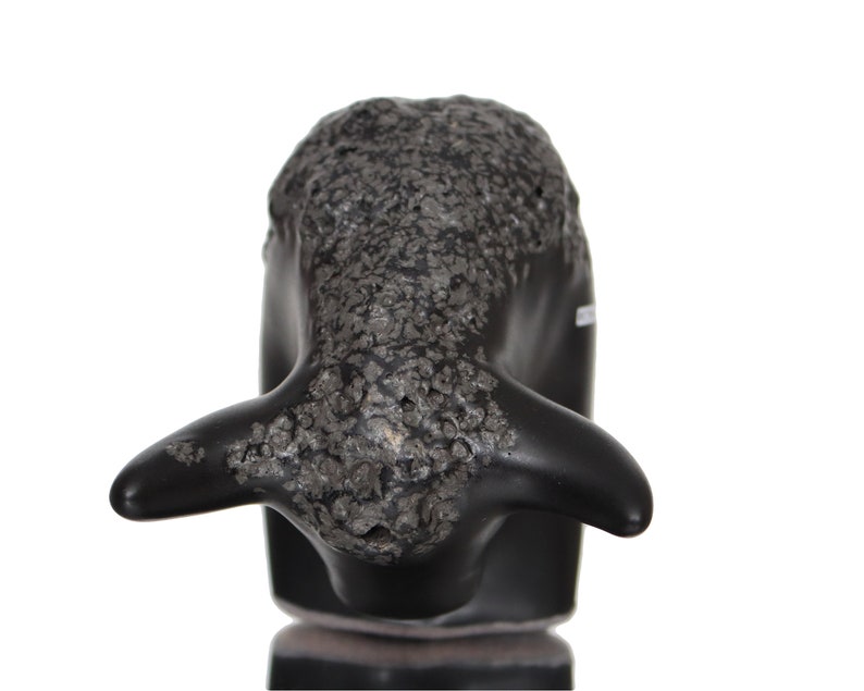 May include: Black ceramic whale sculpture with a textured surface. The whale is facing forward with its mouth closed and its tail fin raised.