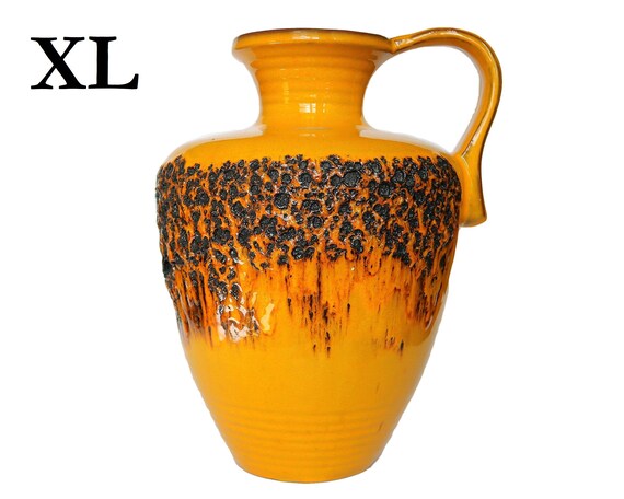 Xl Large Ceramic Floor Vase Yellow Black Fat Lava Kreutz Model 205 West Germany Pottery