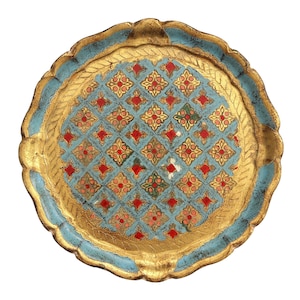 Round Wooden Florentine Tray in Gold and Turquoise