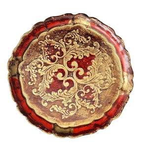 Round Wooden Florentine Tray in Red & Gold