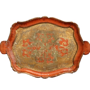 Large Wooden Florentine Tray in Orange & Gold