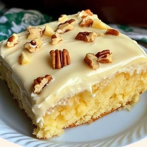 May include: A square slice of cake with a creamy white frosting, topped with pecan pieces and small yellow chunks. The cake sits on a white plate, showcasing a moist, yellow crumb.