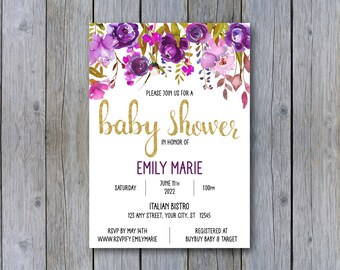 Púrpura Floral Acuarela Baby Shower Invitación Invitación Digital Invitación Imprimible