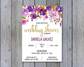 Púrpura Floral Acuarela Boda Ducha Invitación Invitación Digital Invitación Impresa