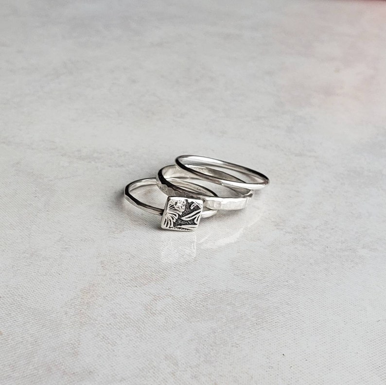 Triple Stacking Ring Set with Floral Square, Geometric, Three Rings, Stacking Ring Set, Sterling Silver, .935 Silver, Argentium Silver image 4