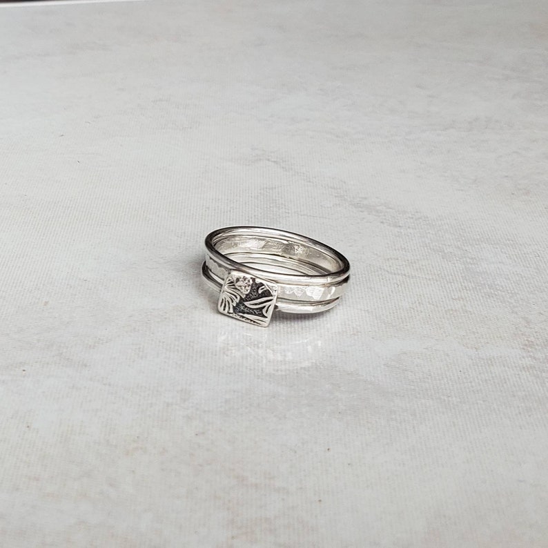 Triple Stacking Ring Set With Floral Square Geometric Three - Etsy