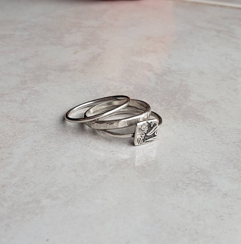 Triple Stacking Ring Set with Floral Square, Geometric, Three Rings, Stacking Ring Set, Sterling Silver, .935 Silver, Argentium Silver image 6