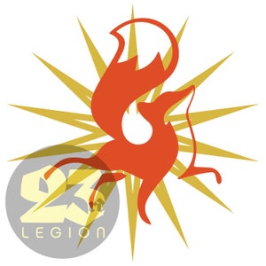 May include: A stylized orange fox jumping in front of a gold starburst. The text "23 Legion" is in a circle below the fox.