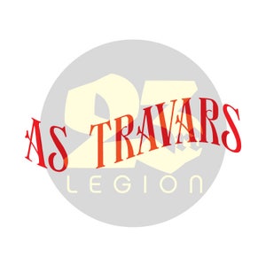 以下が含まれることがあります： グレーの背景に円形で「As TravArs Legion」というテキストが入った赤と白のロゴです。