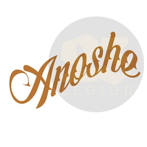 May include: A logo featuring the word "Anosho" in a stylized, cursive font. The text is a warm, golden-brown color and is set against a light gray circular background. The word "LEGION" is faintly visible.