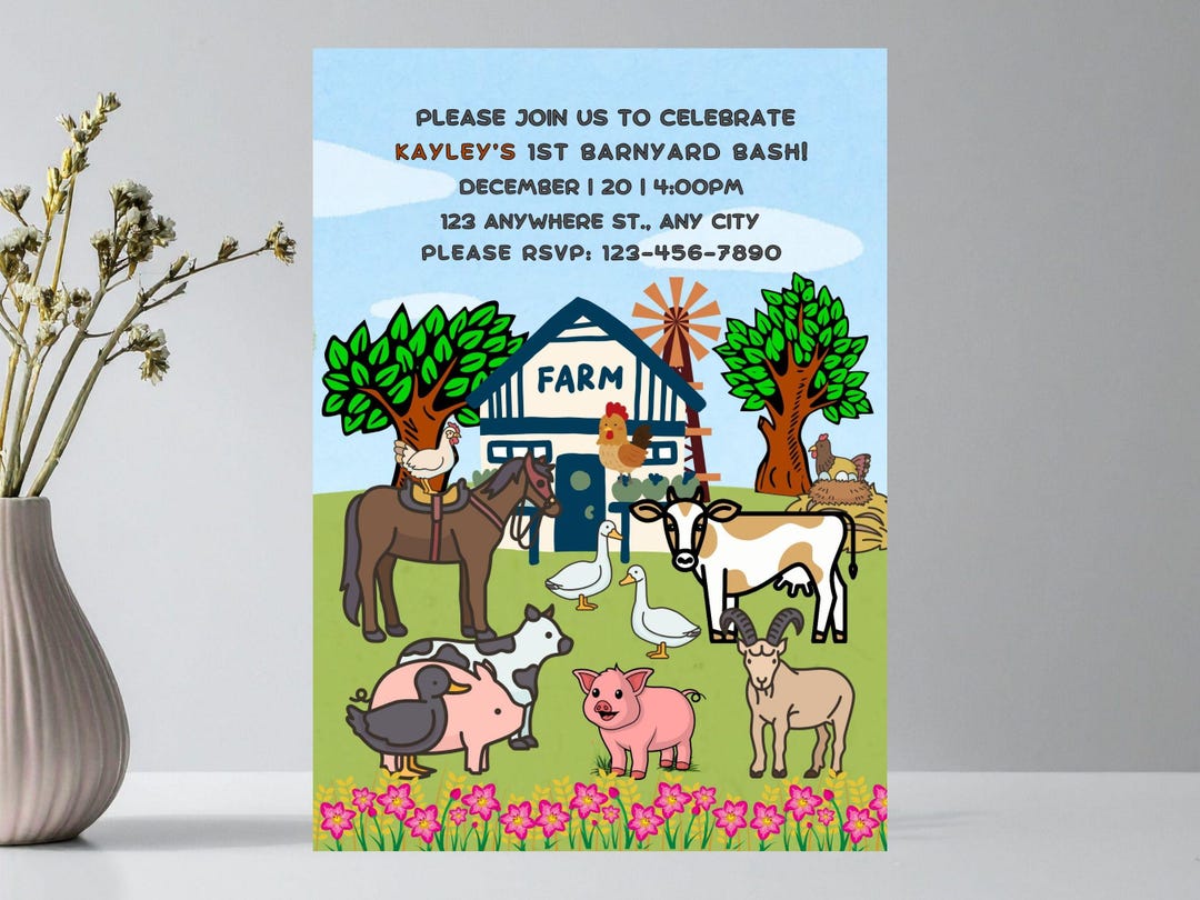 Farm Animal 1st Birthday Invitation | Barnyard Bash, Editable Canva ...