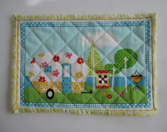 Vintage Trailer Quilted Mug Rug, Handmade