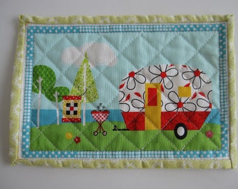 Vintage Trailer Quilted Mug Rug, Handmade