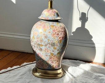 vintage Cloisonne cherry blossom lamp, floral brass base lamp, oriental enameled table lamp local p/up only