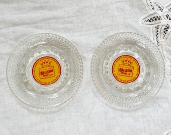 Vintage hotel BEST WESTERN glass ashtrays set of two, Cut Glass Hobnail Round Hotel Ashtray Crown Logo, bright orange and red motel ashtray