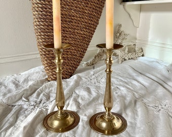 Vintage MCM brass candlestick holders set of 2, 1950s candlestick holders, heavyweight brass wedding decor