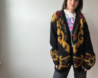 vintage 80s black hand knit fuzzy wool cardigan size large, oversized novelty knit sweater