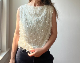 vintage 50s ivory beaded paillette top size med, white sequin shell, special occasion wedding top, embellished silk top