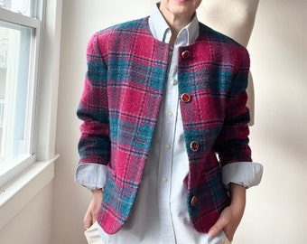 Vintage pink wool plaid suit, check jacket and pencil skirt size medium