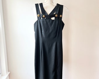 vintage 80s black strappy midi dress, criss cross bandage dress with gold accents