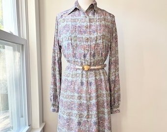 Vintage 60s long sleeve floral shirt dress size med Made in Japan unique belt, Novelty print and belted dress