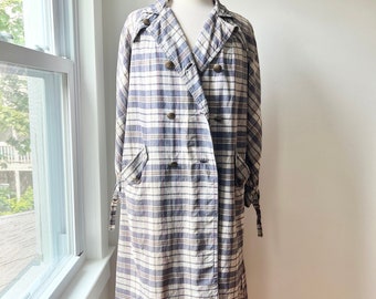 vintage 60s plaid trench coat size small med, blue spring rain coat, lightweight double breasted jacket