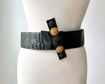 vintage 80s black snakeskin belt with beaded detail, avant garde belt size small, art nouveau belt made in France