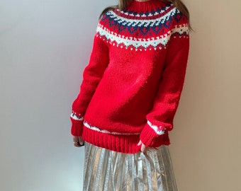 Vintage red fair isle sweater size medium, bright hand knit pullover sweater, apres ski nordic sweater knit