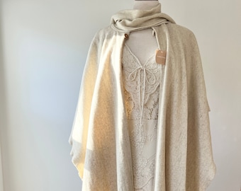 Vintage 1960s ivory wool poncho cape with scarf, wool ivory shawl with fringe and wood buttons handmade