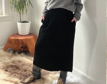 Vintage black velvet midi skirt size medium, minimalist long velvet slim skirt