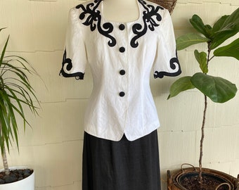Conjunto de traje de falda de lino vintage de los años 80, talla mediana, blazer de manga corta con estampado de remolinos y falda