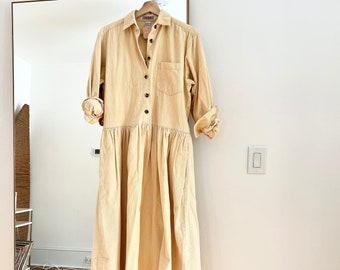 vintage 80s corduroy shirt dress FADS size small, tan long sleeve midi dress with pockets