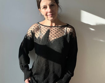 vintage 80s sheer polka dot knit sweater, cut out lace sweater