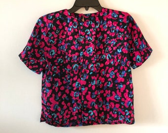 Vintage 80s pink floral short sleeve blouse xs, fuchsia pink print flower top size petite